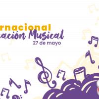 Guitarra, tambor, saxofón y notas musicales