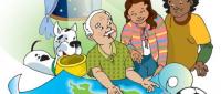 Dos jóvenes en casa estudiando con su abuelo y un perro