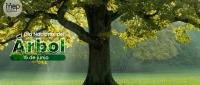 Afiche que muestra un árbol frondoso y de tronco grueso sobre un césped verde.