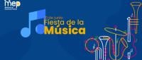 afiche con fondo azul, con símbolos de instrumentos musicales.