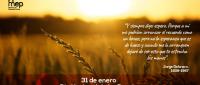 un amanecer explendoroso sobre una zona de campos de trigo, con un texto.