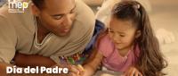Afiche que muestra a un papá con su hija pintando o estudiando.