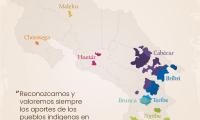 Se ilustra un mapa de Costa Rica, identificando los grupos de los pueblos indíge