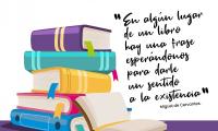 Se ilustra un par de libros apilados y con una frase motivadora.