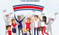 Personas adultas y niños con banderas celebrando
