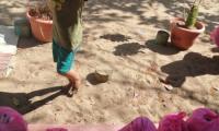 Niño carga en hombros un saco que contiene alimentos 