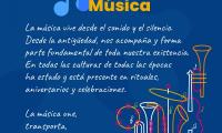 afiche con fondo azul, con símbolos de instrumentos musicales.